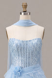 Sky Blue Corset Tiered Sequins A-Line Strapless Homecoming Dress with Neck Scarf
