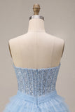 Sky Blue Corset Tiered Sequins A-Line Strapless Homecoming Dress with Neck Scarf