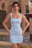 Sky Blue Square Neck Bodycon Homecoming Dress with Beading