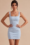 Sky Blue Square Neck Bodycon Homecoming Dress with Beading
