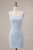 Sky Blue Square Neck Bodycon Homecoming Dress with Beading