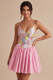 A-Line Pink Floral Spaghetti Straps Homecoming Dress with Sequins