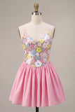A-Line Pink Floral Spaghetti Straps Homecoming Dress with Sequins