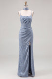 Dusty Blue Jacquard Maxi Bridesmaid Dress with Long Neck Scarf