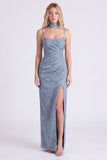 Dusty Blue Jacquard Maxi Bridesmaid Dress with Long Neck Scarf