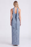Dusty Blue Jacquard Maxi Bridesmaid Dress with Long Neck Scarf