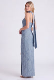 Dusty Blue Jacquard Maxi Bridesmaid Dress with Long Neck Scarf
