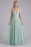 Sage Chiffon A-Line Corset Floral Print Bridesmaid Dress with Long Neck Scarf