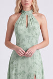 Sage A-Line Halter Neck Floral Chiffon Long Bridesmaid Dress with Slit