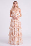 A-Line Pink Floral Chiffon Tiered Spaghetti Straps Long Bridesmaid Dress with Ruffles