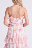 A-Line Pink Floral Chiffon Tiered Spaghetti Straps Long Bridesmaid Dress with Ruffles