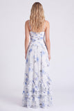 Light Blue A-Line Floral Chiffon Spaghetti Straps Ruffled Long Bridesmaid Dress with Slit