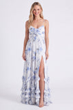 Chiffon Light Blue Floral A-Line Spaghetti Straps Ruffled Long Bridesmaid Dress with Slit