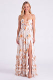 Chiffon Light Blue Floral A-Line Spaghetti Straps Ruffled Long Bridesmaid Dress with Slit