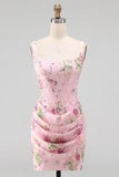 Pink Square Neck Bodycon Ruched Floral Sequins Corset Homecoming Dress