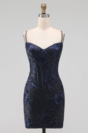 Navy Bodycon Floral Embroidery Corset Sequins Short Homecoming Dress