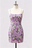Lilac Bodycon Floral Embroidery Sequins Short Homecoming Dress with Lace Up Back