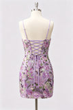 Lilac Bodycon Floral Embroidery Sequins Short Homecoming Dress with Lace Up Back