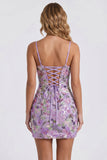 Lilac Bodycon Floral Embroidery Sequins Short Homecoming Dress with Lace Up Back
