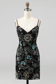 Sparkly Green Bodycon Spaghetti Straps Sequins Short Cocktail Dress