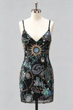 Navy Bodycon Spaghetti Straps Sequins Short Homecoming Dress with Lace Up Back