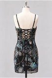 Sparkly Green Bodycon Spaghetti Straps Sequins Short Cocktail Dress