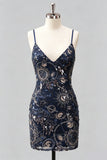 Navy Bodycon Spaghetti Straps Sequins Short Homecoming Dress with Lace Up Back