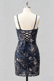 Navy Bodycon Spaghetti Straps Sequins Short Homecoming Dress with Lace Up Back