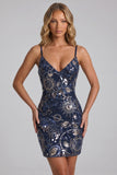 Navy Bodycon Spaghetti Straps Sequins Short Homecoming Dress with Lace Up Back