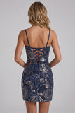 Navy Bodycon Spaghetti Straps Sequins Short Homecoming Dress with Lace Up Back