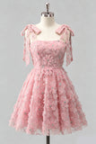 Light Blue A-Line Bowed Straps Floral Beaded Homecoming Dress with Lace Up Back