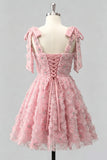 Light Blue A-Line Bowed Straps Floral Beaded Homecoming Dress with Lace Up Back