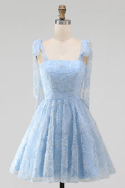 Light Blue A-Line Bowed Straps Floral Beaded Homecoming Dress with Lace Up Back