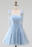 Light Blue A-Line Bowed Straps Floral Beaded Homecoming Dress with Lace Up Back