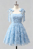 Light Blue A-Line Bowed Straps Floral Beaded Homecoming Dress with Lace Up Back