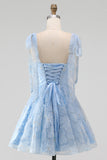 Light Blue A-Line Bowed Straps Floral Beaded Homecoming Dress with Lace Up Back