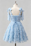 Light Blue A-Line Bowed Straps Floral Beaded Homecoming Dress with Lace Up Back