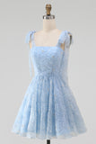 Light Blue A-Line Bowed Straps Floral Beaded Homecoming Dress with Lace Up Back
