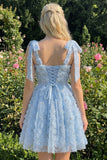 Light Blue A-Line Bowed Straps Floral Beaded Homecoming Dress with Lace Up Back