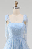 Light Blue A-Line Bowed Straps Floral Beaded Homecoming Dress with Lace Up Back