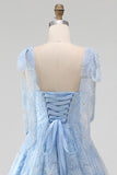 Light Blue A-Line Bowed Straps Floral Beaded Homecoming Dress with Lace Up Back