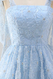 Light Blue A-Line Bowed Straps Floral Beaded Homecoming Dress with Lace Up Back