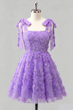 Light Blue A-Line Bowed Straps Floral Beaded Homecoming Dress with Lace Up Back
