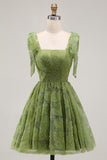 Light Blue Floral Beaded A-Line Thick Straps Short Formal Dress with Bows
