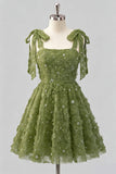 Light Blue A-Line Bowed Straps Floral Beaded Homecoming Dress with Lace Up Back