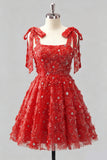 Light Blue A-Line Bowed Straps Floral Beaded Homecoming Dress with Lace Up Back