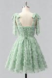 Light Blue A-Line Bowed Straps Floral Beaded Homecoming Dress with Lace Up Back