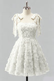Light Blue A-Line Bowed Straps Floral Beaded Homecoming Dress with Lace Up Back