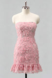 Light Blue Bodycon Strapless Ruffled Floral Beaded Homecoming Dress with Lace Up Back