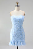Light Blue Bodycon Strapless Ruffled Floral Beaded Homecoming Dress with Lace Up Back
